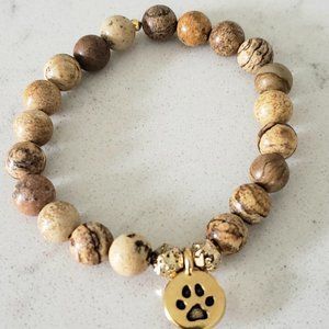 Beaded Picture Jasper Stretch Bracelet with Gold Paw Charm